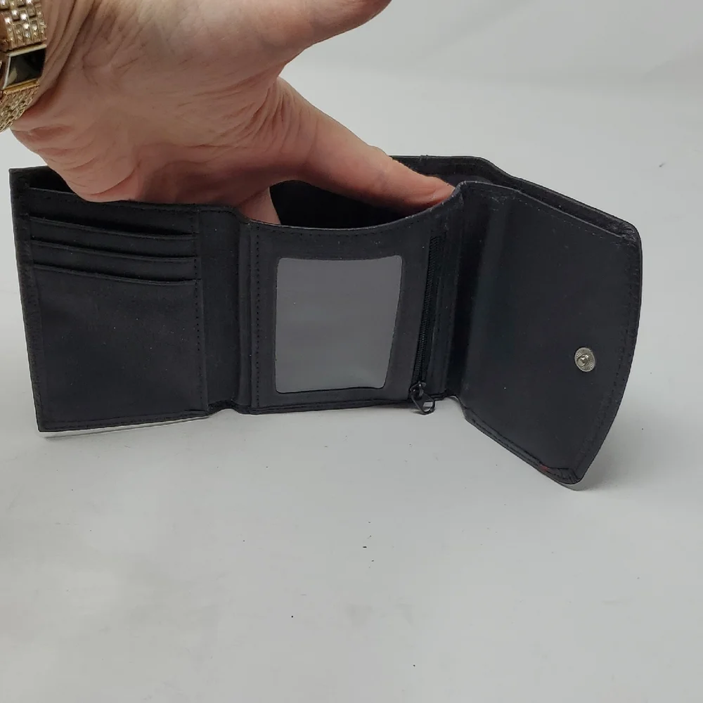 Black Leather Tri-fold Wallet With Cross Embrossed On Front